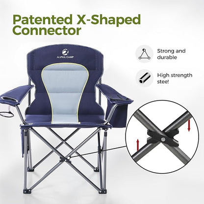ALPHA CAMP Heavy Duty Camping Chair 500LBS Capacity, Oversized Folding Chair for Heavy People, Padded Portable Outdoor Chair with Cooler Bag & Cup Holder for Camping, Fishing, Beach