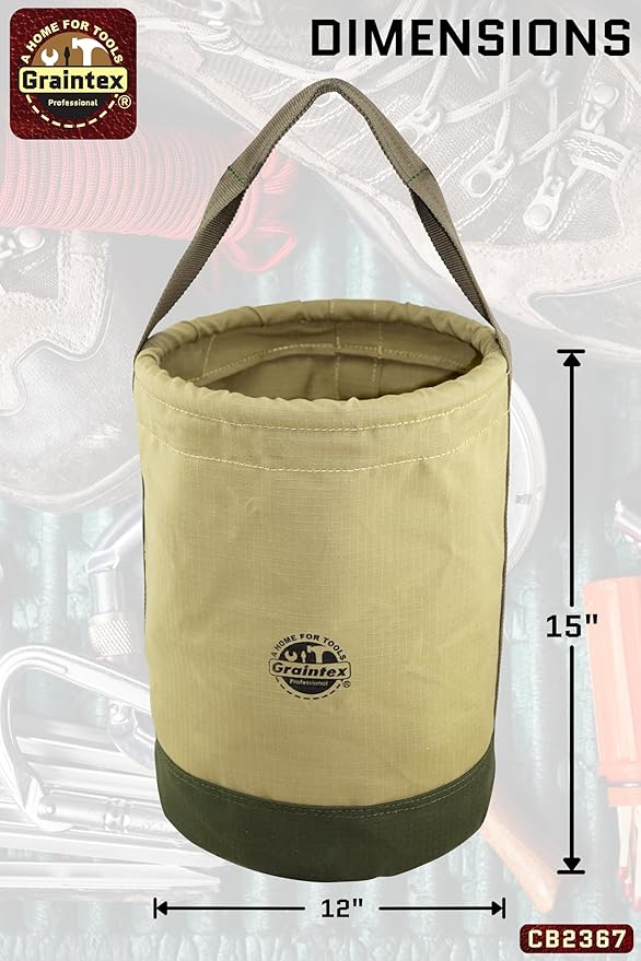Graintex Canvas Utility Bucket 12"x15", Round Tool Bucket, Reinforced Base & Carry Handle, Ripstop Canvas, Multi-Purpose Bag for Jobsite, Gardening, Home Use, Ideal for Tool Storage Solutions