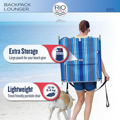 Rio Beach Portable Lay Flat Folding Backpack Beach Lounge Chair with Backpack Straps and Storage Pouch, Blue and Red