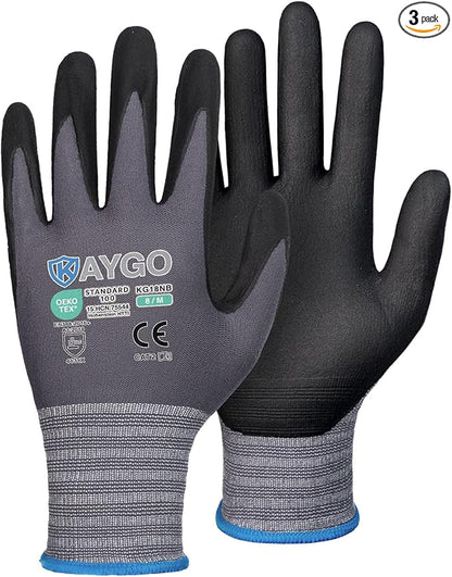 KAYGO Safety Work Gloves MicroFoam Nitrile Coated, 3 Pairs KG18NB,Seamless Knit Nylon Glove for Men and Women, Ideal for Automotive,Warehouse,Construction (Medium,Gray)