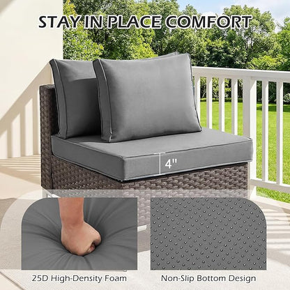 HOMREST 4" Thick Outdoor Replacement Cushions, Water-Resistant Patio Seat Cushions 25x25, Non-Slip 14-Piece Set for 6-Seat Rattan Wicker Sectional Sofa,Gray