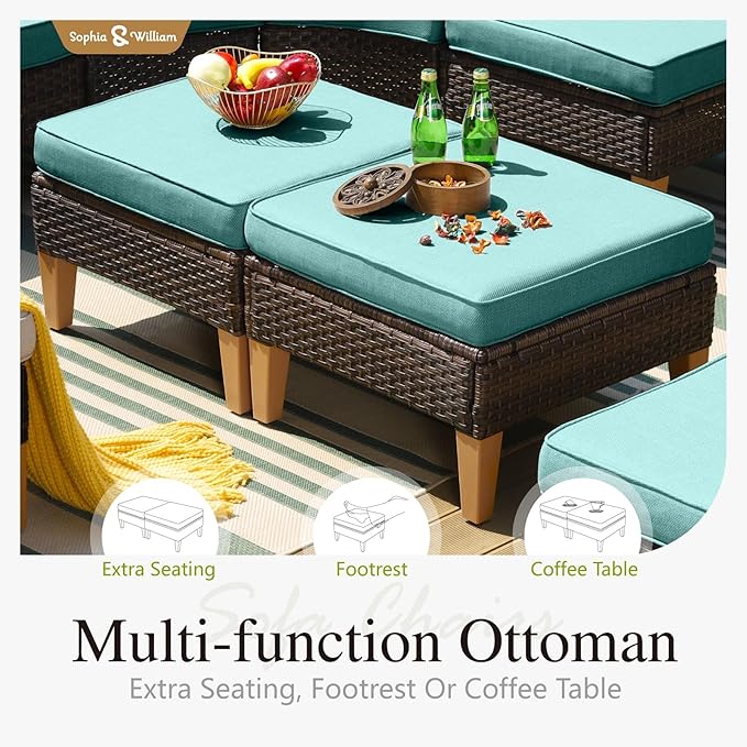 Sophia & William 9 Piece Patio Furniture Sets, Sectional Outdoor Rattan Wicker Sofa, All Weather Patio Conversation Set for Deck Backyard Lawn, Outdoor Couch, Blue