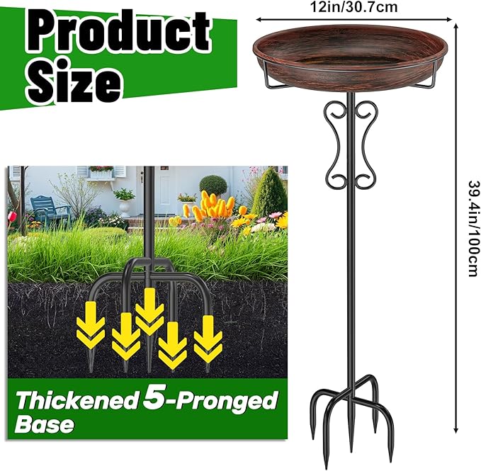 Metal Bird Bath for Outside,Upgraded 5 Pronged Base Birdbath & Feeder Bowl,Vintage Freestanding Birdfeeder for Garden Patio Yard Lawn Decor (Vintage Bronze)