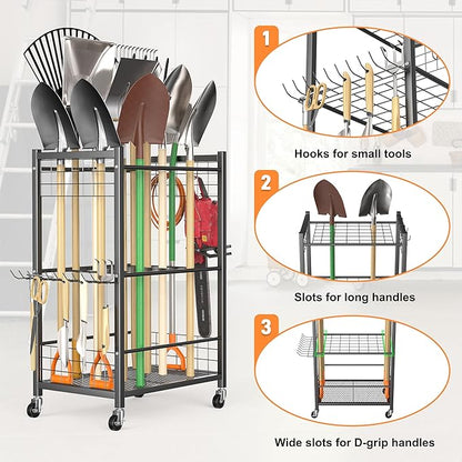 TORACK Garden Tool Stand with Wheels, Rakes Shovels Holder Yard Tools Organizer for Garage, Garden, Shed Indoor/Outdoor Long-Handled Tools Cart(Tool stand)