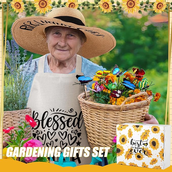 Lasnten 16 Pcs Mothers Day Garden Gift for Nana Women Garden Tools Sunflower Birthday Gardening Supplies from Grandson Gloves Apron Insulation Cup Fork Trowel Tote Bags for Plant Lover Present