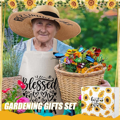 Lasnten 16 Pcs Mothers Day Garden Gift for Nana Women Garden Tools Sunflower Birthday Gardening Supplies from Grandson Gloves Apron Insulation Cup Fork Trowel Tote Bags for Plant Lover Present