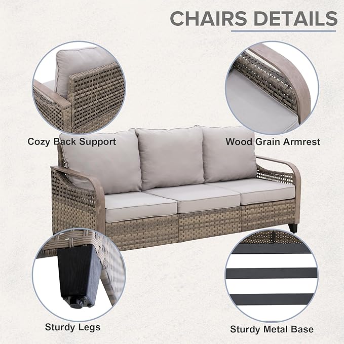 COOS BAY Modern Wicker Outdoor Furniture Set, Patio Conversation Set with Patio Chairs, 3 Seat Couch, and Ottomans, 5 Piece, Brown/Gray