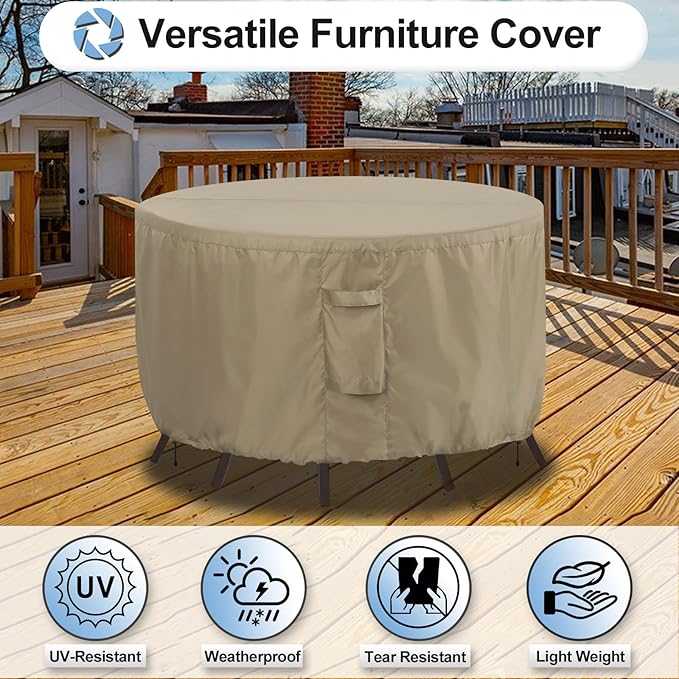 OutdoorLines Outdoor Waterproof Patio Table Furniture Set Covers - Round Couch Sectional Cover Outside Weatherproof Patio Furniture Covering for Deck, Lawn and Backyard 84" dia x 28" H, Camel