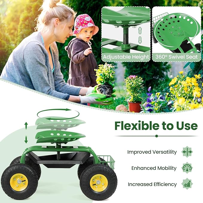 Goplus Garden Seat with Wheels, Rolling Garden Cart with Adjustable 360° Swivel Seat, Tool Tray, Basket for Lawn, Yard, Patio, Heavy Duty Gardening Stool, Outdoor Wagon Scooter for Seniors