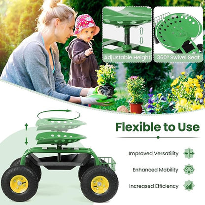 Goplus Garden Seat with Wheels, Rolling Garden Cart with Adjustable 360° Swivel Seat, Tool Tray, Basket for Lawn, Yard, Patio, Heavy Duty Gardening Stool, Outdoor Wagon Scooter for Seniors