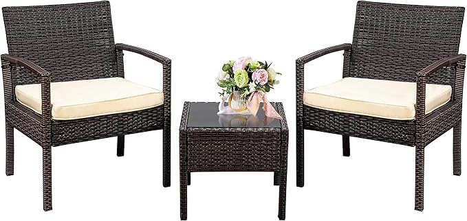 3 Piece Outdoor Patio Furniture Sets, Rattan Conversation Set with Soft Cushion, Wicker Chairs with Coffee Table for Yard Backyard Lawn Porch Poolside Balcony, Beige