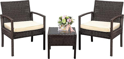 3 Piece Outdoor Patio Furniture Sets, Rattan Conversation Set with Soft Cushion, Wicker Chairs with Coffee Table for Yard Backyard Lawn Porch Poolside Balcony, Beige