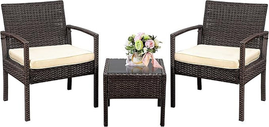 3 Piece Outdoor Patio Furniture Sets, Rattan Conversation Set with Soft Cushion, Wicker Chairs with Coffee Table for Yard Backyard Lawn Porch Poolside Balcony, Beige