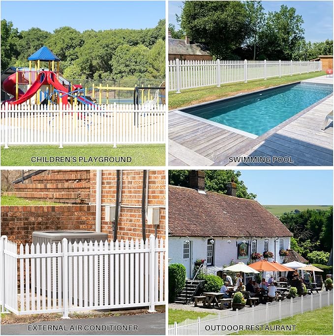 Patio 7 Sets Vinyl Picket Fence Panels 36" H x 84" W White PVC Decorative Fence for Front Yard Porch Patio Deck Pool Air Conditioner Fence Safety Dog Fence (34 Pickets, Straight)