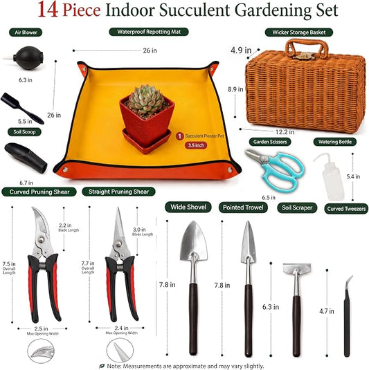 Bonsai & Indoor Plant Tool Set for Beginners, Plant Repotting Kit with Gardening Tools, Repotting Mat, Wicker Basket, Mini Pots & Indoor Gardening Gift for Women & Men