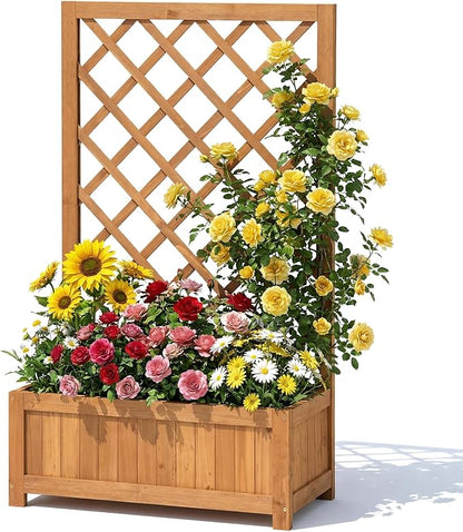 Wooden Raised Garden Bed with Trellis, 40" Outdoor Planter Box for Climbing Plants, Vertical Warm Brown Garden Planter for Vegetables, Flowers & Vines, Lattice Plant Support for Patio Yard Balcony