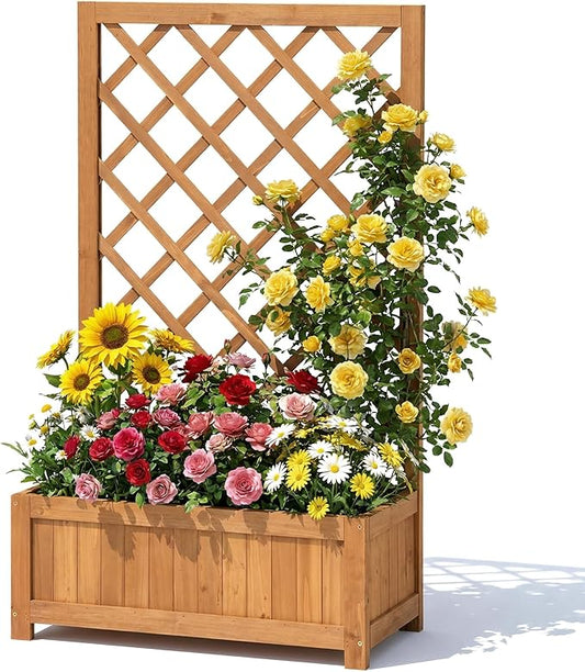 Wooden Raised Garden Bed with Trellis, 40" Outdoor Planter Box for Climbing Plants, Vertical Warm Brown Garden Planter for Vegetables, Flowers & Vines, Lattice Plant Support for Patio Yard Balcony