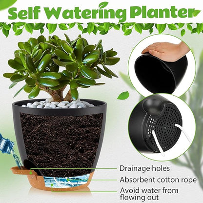 Remerry 15 Pcs 7/6.5/6/ 5.5/5 Inch Self Watering Planters with Drainage Hole Plant Pots Plastic Flower Pots Self Watering Pot and Saucer Reservoir for Garden Plant Flower(Black)