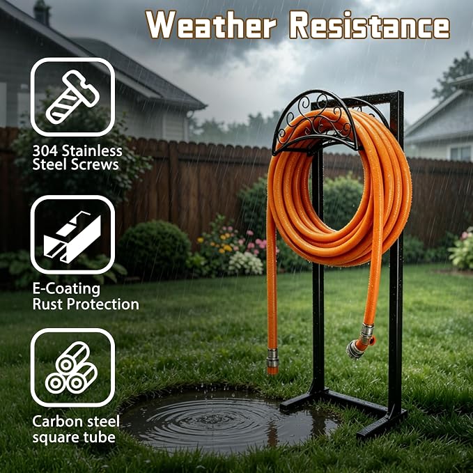 Garden Hose Holder, Heavy Duty Stainless Steel Garden Hose Reel with Triangle Reinforcement, Supports 150 ft Hose, 45-Inch Ergonomic Water Hose Stand for Outside, Black