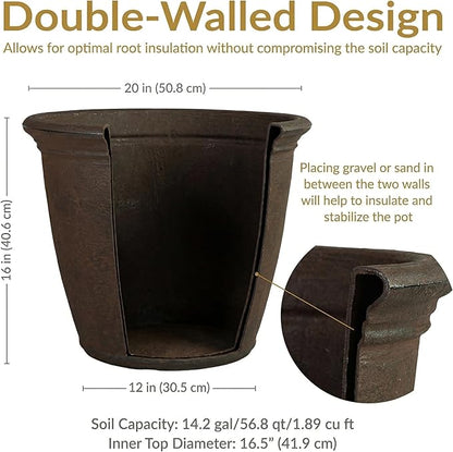 Sunnydaze 20-Inch Anjelica Large Plastic Pot for Plants - Outdoor Double-Walled Large Plastic Planter with Drillable Drainage Holes - Sable - 4pk