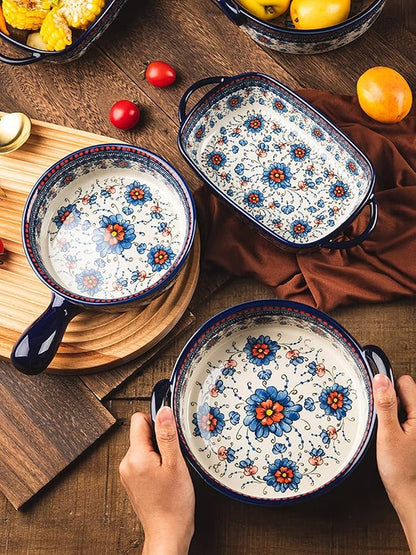 Blue and Orange Flower Vintage Style Ceramic Bakeware Casserole Dish Baking Pan Lasagna Pans with Handles for Oven/Cooking/Kitchen-1 PCS-22 OZ