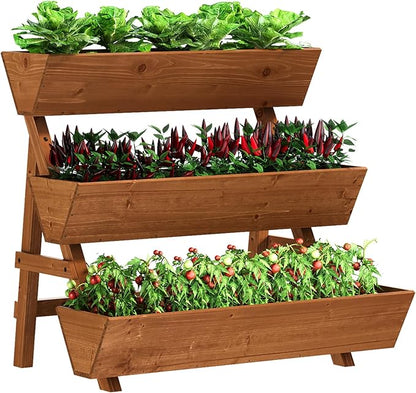 Vertical Wooden Raised Garden Bed, Garden Planters Freestanding Wood Plant Stand Flower Rack Wooden Planter Box for Plants Herbs Flowers Vegetables Outdoor Indoor Gardening (3-Tier Large Brown)