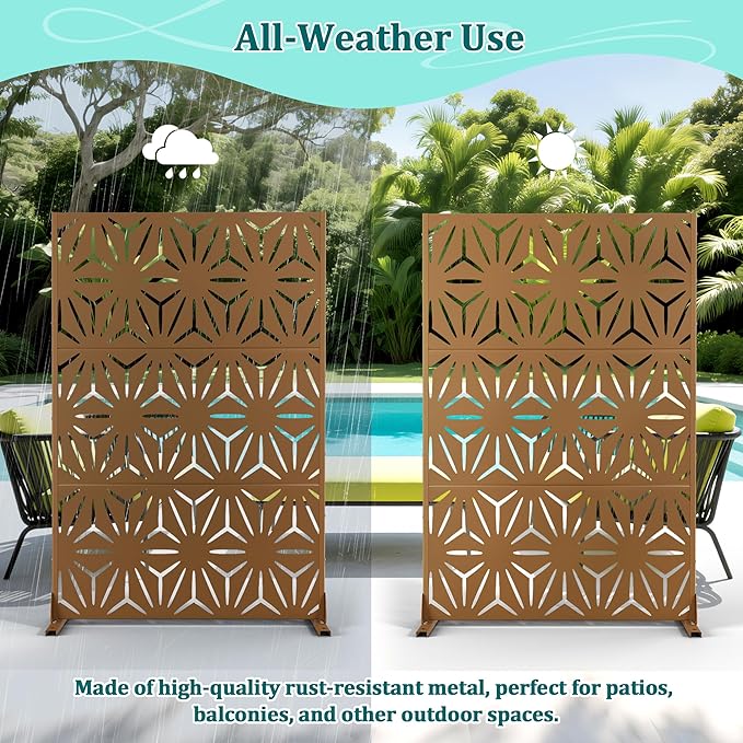 Metal Privacy Screen Outdoor Privacy Screen, Freestanding Fence Panel for Outside, 72''H×47''W, Decorative Screen Panel for Backyard/Patio/Deck