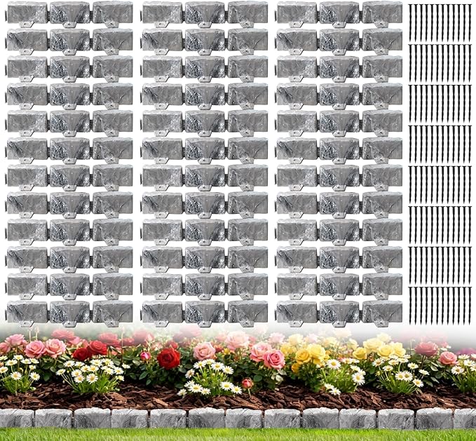 Landscape Edging Faux Stone Edging Garden Edging Border,68FT x 2.75 in Tall Decorative Stone-Look Garden Border for Flower Bed Edging,Yard Edging,Lawn Trees and Gardens,with Anchoring Spikes,Gray
