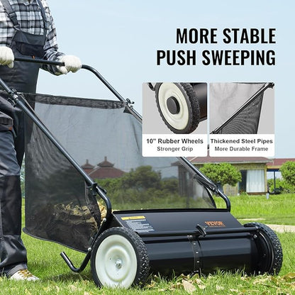 VEVOR Push Lawn Sweeper, 26 Inch Leaf & Grass Collector, Strong Rubber Wheels & Heavy Duty Thickened Steel Durable to Use with Large Capacity 7 ft³ Mesh Collection Bag, 4 Spinning Brushes