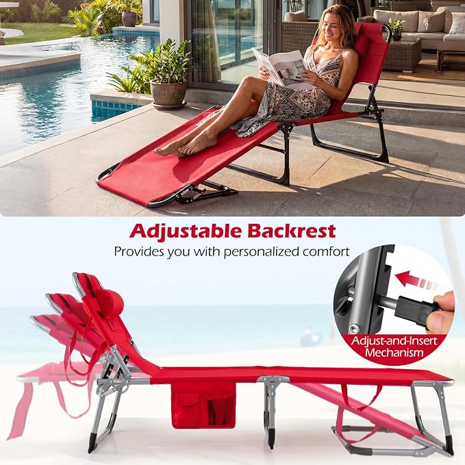 GYMAX Tanning Chair with Face Hole, Sun Bathing Lounge Chairs for Outside with Side Pocket, Folding Portable Face Down Layout Tanning Chair Beach, Backyard, Poolside, Lawn (Red,2)