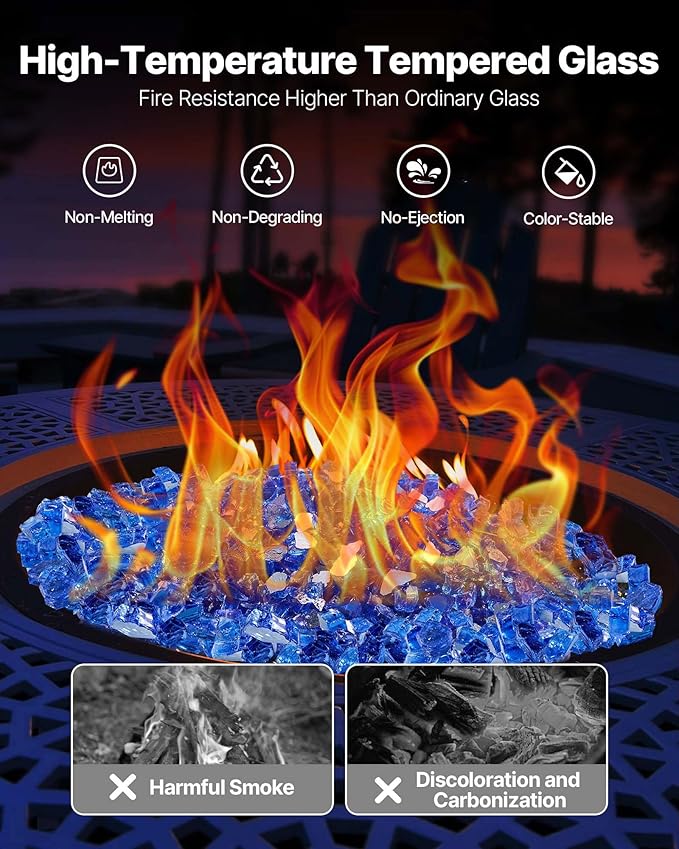 VEVOR Fire Glass, 10LBS / 4.5KG High-Temperature Resistant Fireplace Rocks, 1/2-Inch / 12.7 mm Reflective & Smokeless Firepit Glass Rock, High Luster Stone Landscaping for Fire Pit Table, Cobalt Blue