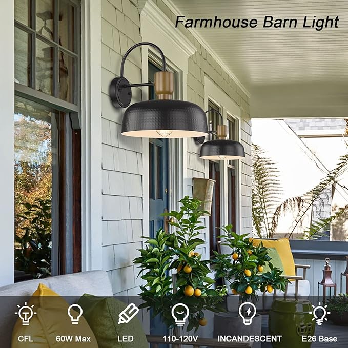Outdoor Barn Light Hammered Barn Light, Farmhouse Exterior Wall Mount Light Vintage Wall Lighting Fixture Industrial Sconce Lantern for Porch, Entryway, Garage, Black, 1 Pack