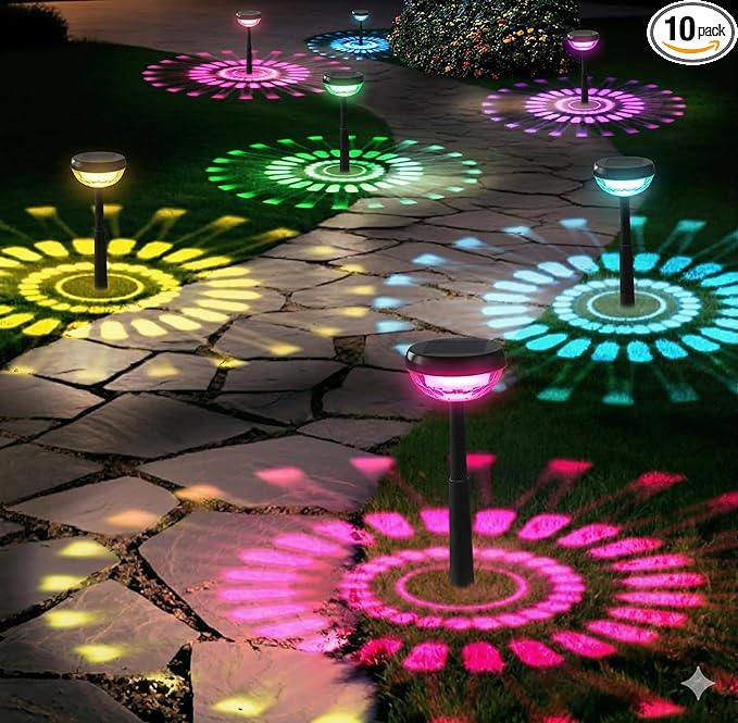 Ensenior Solar Pathway Lights IP65 Waterproof, RGB Color Changing & 3000K Warm White, 8-16Hr Runtime, Flower Pattern Garden Lights for Walkway Porch Yard - 10 Pack