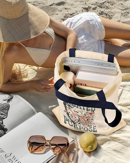 Miss Adola Aesthetic Canvas Tote Bag for Women - Sturdy Cloth Cotton Totes Bag with Pattern Shoulder Bag