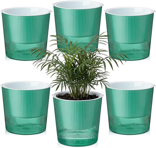 6 Pack Self Watering Pots for Indoor Plants Plastic Vertical Ribbed Semi Transparent Planters, Dual Layer Reservoir for Indoor Succulents Herbs Pothos(Green, White,6.5 x 5.9 Inch)