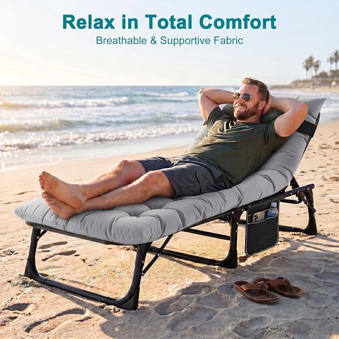 ABORON Tanning Chairs, 2 Pack, 5-Position Padded Folding Loungers | Set of 2 folding chaise lounges with 5-position backs, padded mats and pillows; supports up to 500 lb per chair.
