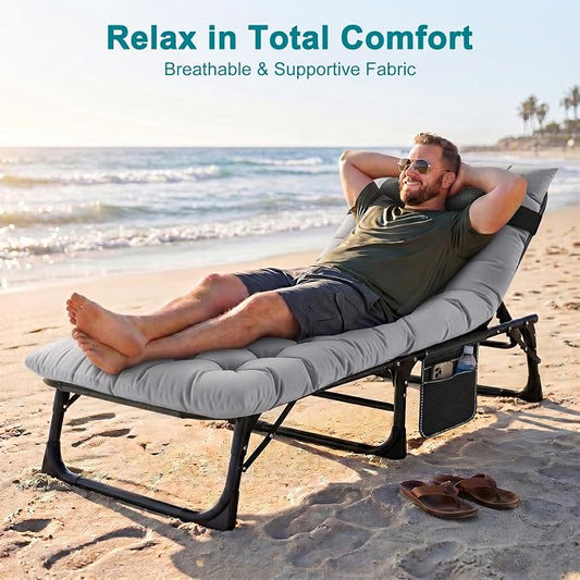 ABORON Tanning Chair, 5-Position Padded Folding Chaise Lounge | 5-position folding chaise lounge supports 500 lb and has a removable cushion and pillow for sunbathing, poolside or patio.