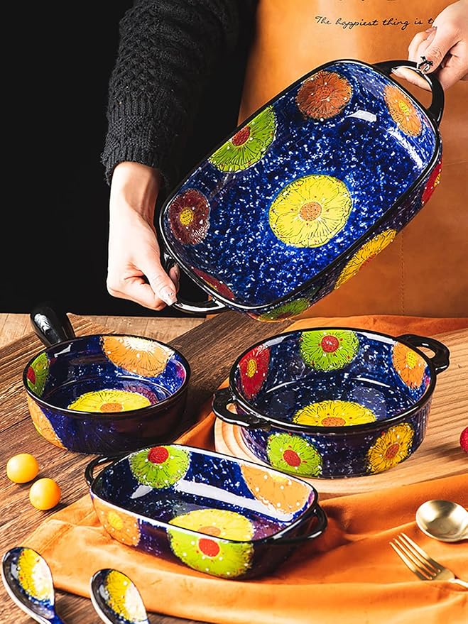 Vintage Style Pottery Bakeware Colorful Daisy Pattern Ceramic Casserole Dish Baking Pan Lasagna Pans Baking Dish with Handles from Oven to Table Plate-1 PCS, 60 OZ