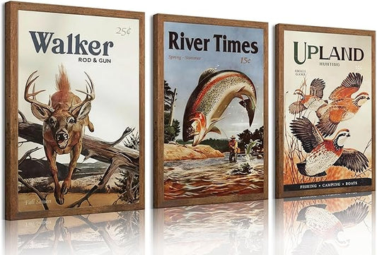 3Pcs Retro Hunting Canvas Wall Art Outdoorsy Wild Animal Posters Prints Nature Wilderness Deer Wild Duck Fishing Wall Decor Pictures Gift Send Hunter Dad For Farmhouse Living Room Bedroom Decoration