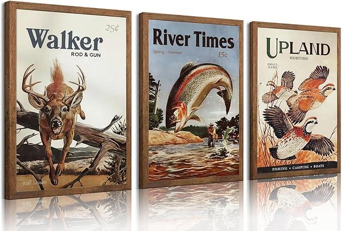 3Pcs Retro Hunting Canvas Wall Art Outdoorsy Wild Animal Posters Prints Nature Wilderness Deer Wild Duck Fishing Wall Decor Pictures Gift Send Hunter Dad For Farmhouse Living Room Bedroom Decoration