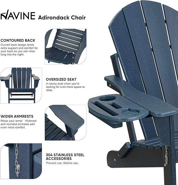 Adirondack Chair Set of 6, HDPE Folding Adirondack Chair with Multifunctional Cup Holder, Weather Resistant Fire Pit Chair for porches, patios, poolsides, Decks.