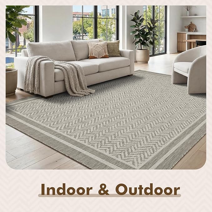 MontVoo-Outdoor Rug-Patio Rug 5x7 Polypropylene Indoor Outdoor Rugs Outdoor Carpet for Patio Deck Balcony Porch, Textured Weave, Durable for High Traffic, Fade-Resistant, Boho Farmhouse Silver Grey
