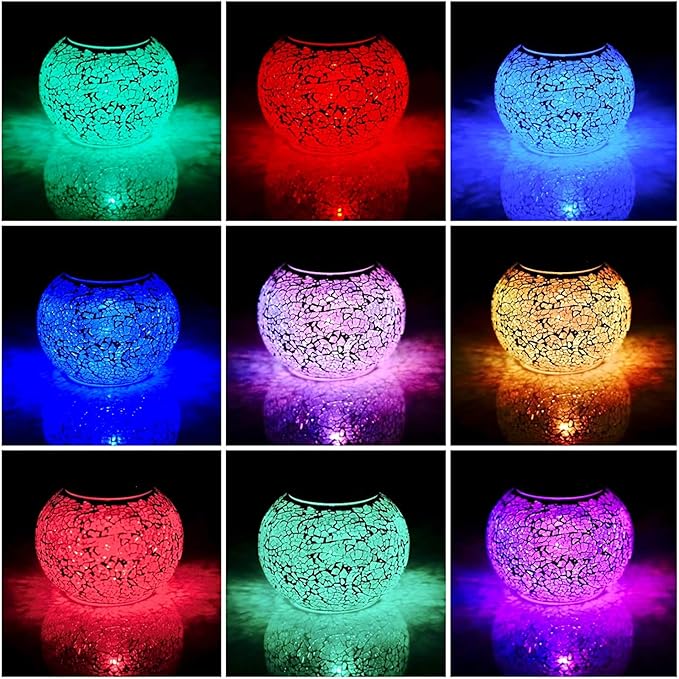 Waterproof Color Changing Table Lamp, Solar Powered Mosaic Glass Ball LED Garden Lawn Night Light Lamps, Party Lights for Home,Yard, Indoor,Outdoor Decoration Lights (Silver)