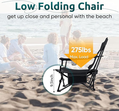 HaSteeL Folding Beach Chair, Foldable Black Camping Chairs for Outside, Low Beach Chair Portable for Adults Fishing, Picnic, Outdoor BBQ, Travel, Sports, Cup Holder & Storage Bag