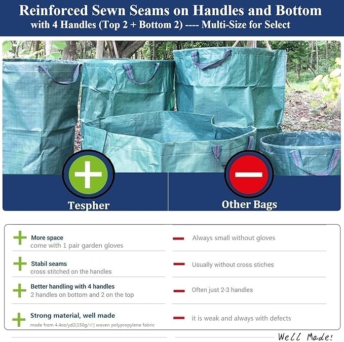 Standard 3-Pack 32 Gallon Lawn Garden Bags (D18,H30 inch) Yard Waste Bags with Gardening Gloves - Reusable Leaf Bags,Yard Debris,Trash Container,Plant Trimmings Bag,Grass Clippings,Weeds Bag 4 Handles