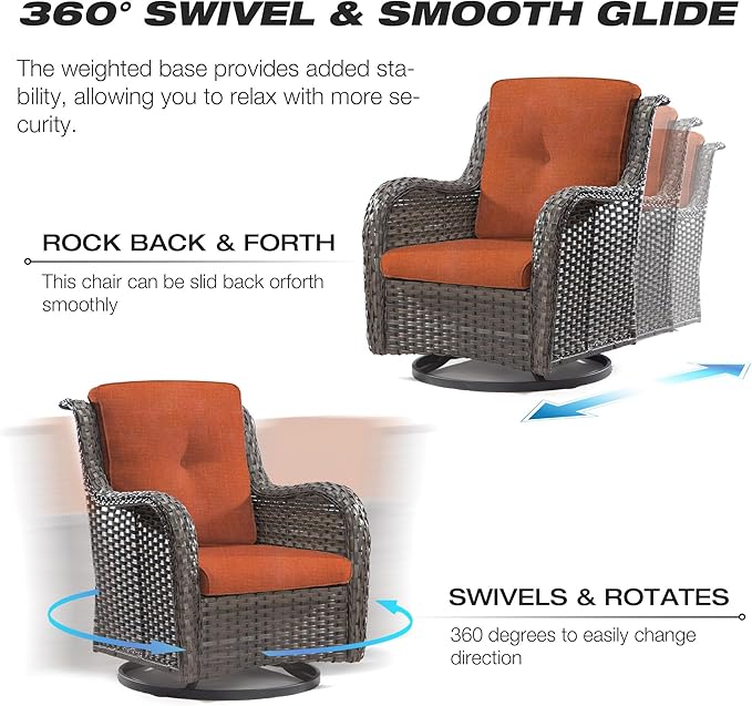 Joyside 5 Piece Outdoor Patio Furniture Set Wicker Conversation Bistro Set Swivel Rocking Chairs with Side Table and Ottomans for Backyard, Porch, Deck(Mixed Grey/Orange)