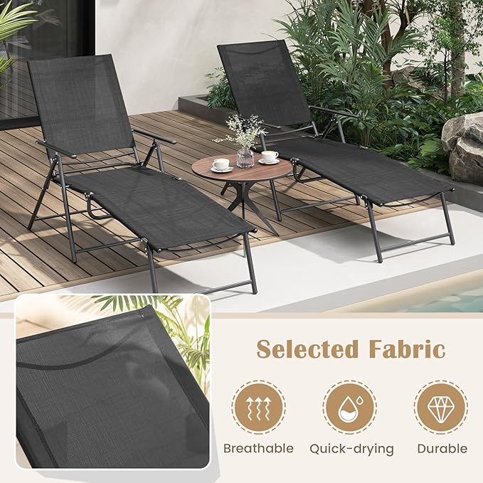 Giantex Lounge Chair Outdoor Set of 2 - Tanning Chair with 6 Adjustable Backrest, 2-Level Footrest, Folding Sunbathing Lounger for Patio, Poolside, Yard, Chaise Lounge Chair, Beach Chair (Black)