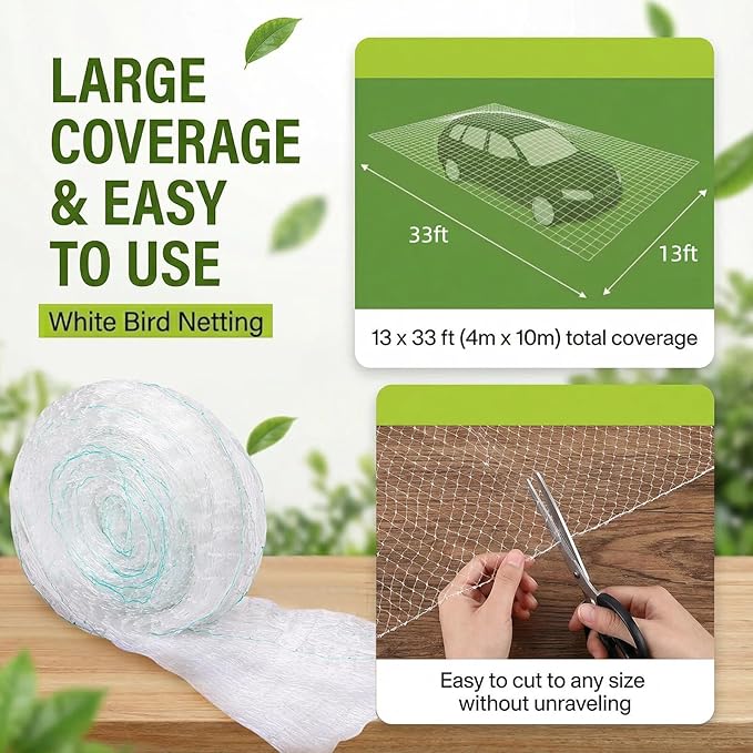 GWHOLE 33 x13 Ft Bird Netting for Garden Tree and Plant Protection, Garden Netting with 1 Inch Mesh Net for Anti Bird Chicken Deer, White