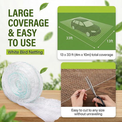 GWHOLE 33 x13 Ft Bird Netting for Garden Tree and Plant Protection, Garden Netting with 1 Inch Mesh Net for Anti Bird Chicken Deer, White