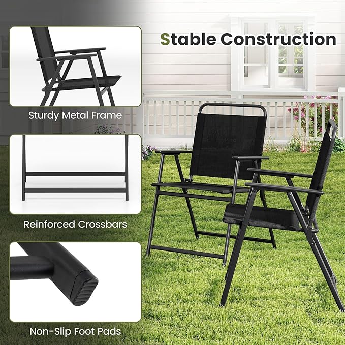 Tangkula Outdoor Folding Chairs Set of 2, Patio Dining Chairs with Breathable Fabric Seat & Cozy Armrests, Heavy-Duty Metal Frame, Portable Lawn Chairs for Backyard, Porch, Camping (2, Black)